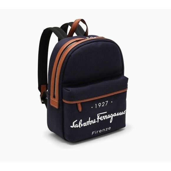 $1690 FERRAGAMO NAVY DENIM CANVAS TAN LEATHER TRIM 1927 FIRENZE LOGO BACKPACK - Picture 1 of 13
